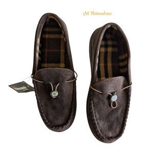 3M Thinsulate Weatherproof Moccasin Slippers Brown Plaid Lined Sz 9-10